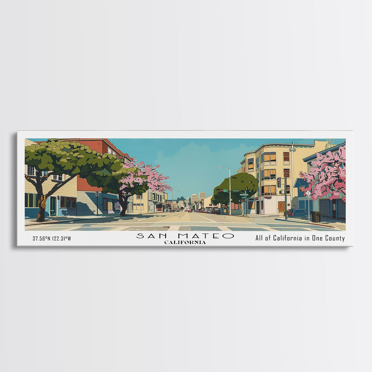 San Mateo California Panoramic Wall Art, Mid Century Modern Framed Canvas Print, Retro Pop Art Travel Poster, City Art, Office Wall Decor, Living Room Art