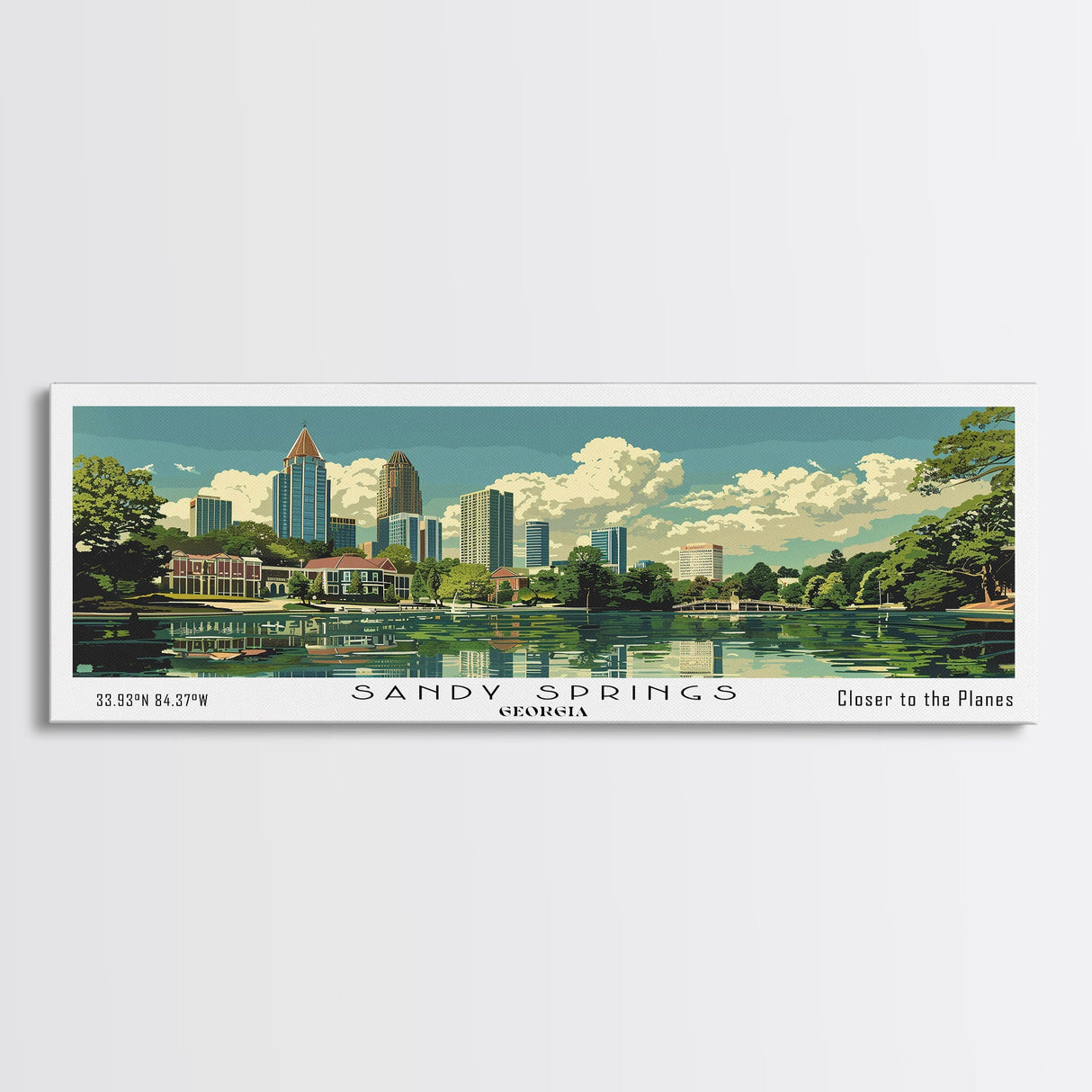 Sandy Springs Georgia Panoramic Painting, Mid Century Modern Framed Canvas Print, Retro Pop Art Travel Poster, City Art, Office Wall Decor, Living Room Art