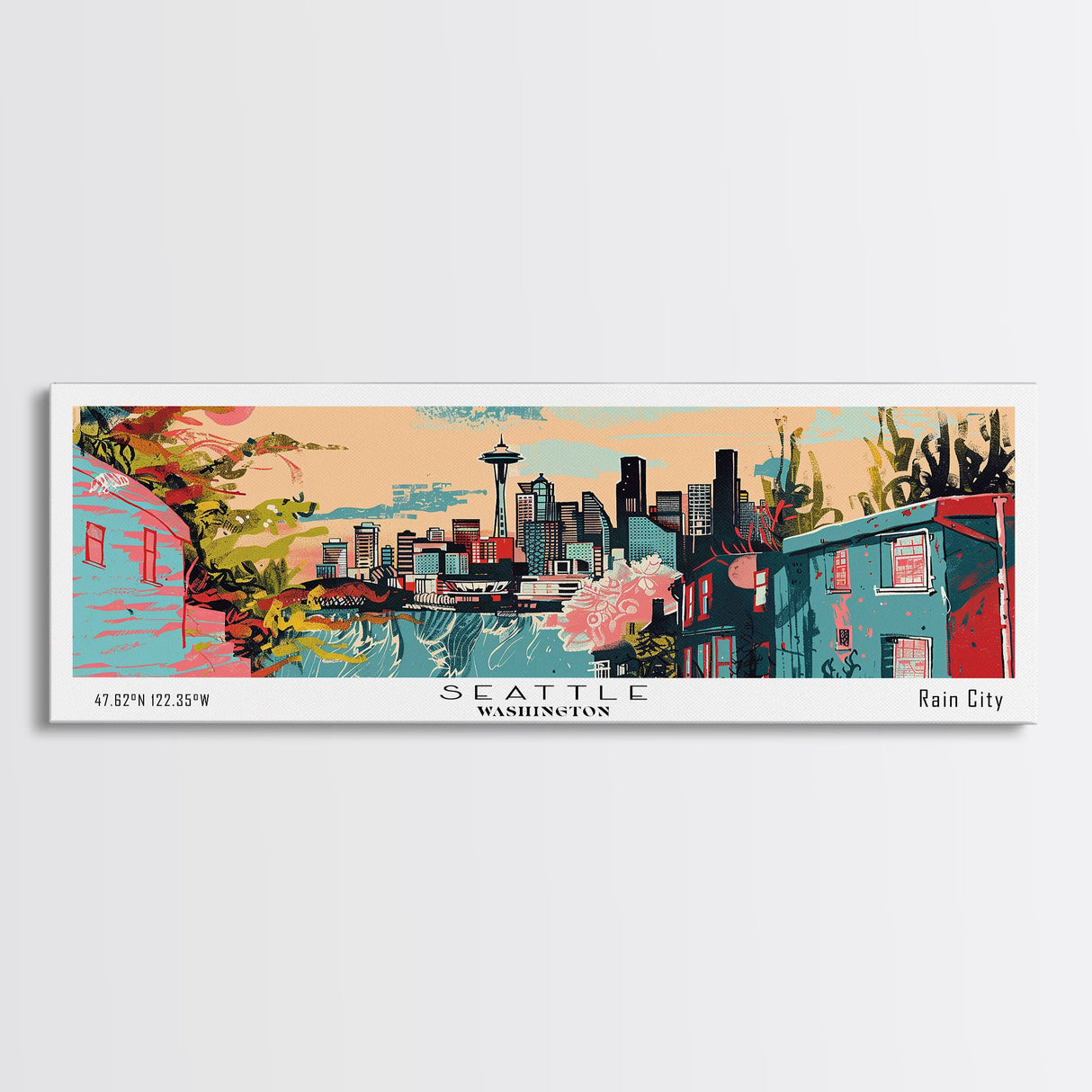 Seattle Washington Panoramic Art, Mid Century Modern Framed Canvas Print, Retro Pop Art Travel Poster, Office Wall Art, Home Decoration