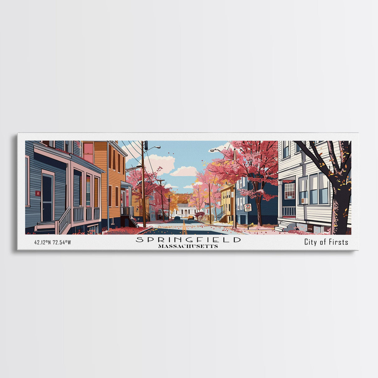 Springfield Massachusetts Panoramic Painting, Mid Century Modern Framed Canvas Print, Retro Pop Art Travel Poster, Living Room Wall Art Decor