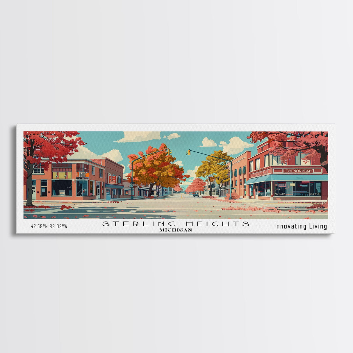 Sterling Heights Michigan Panoramic Art, Mid Century Modern Framed Canvas Print, Retro Pop Art Travel Poster, Office Wall Art, Home Decoration