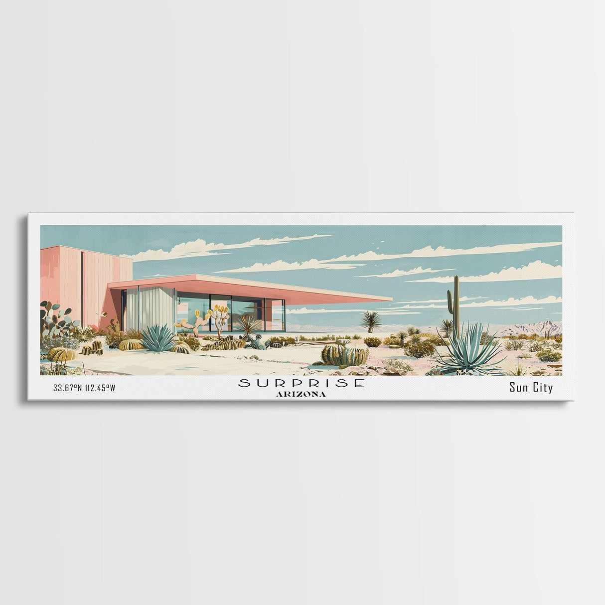 Surprise Arizona Panoramic Wall Art, Mid Century Modern Framed Canvas Print, Retro Pop Art Travel Poster, Office Wall Decor and Gift Idea