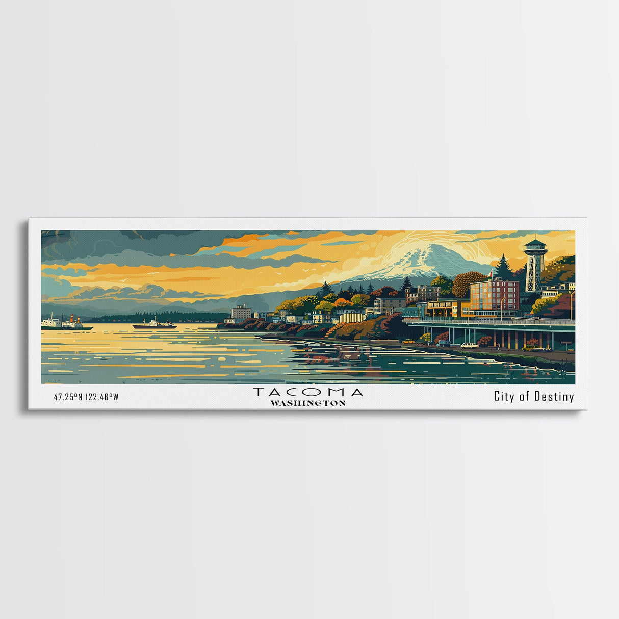 Tacoma Washington Panoramic Painting, Mid Century Modern Framed Canvas Print, Retro Pop Art Travel Poster, Wall Hanging for Home Decor