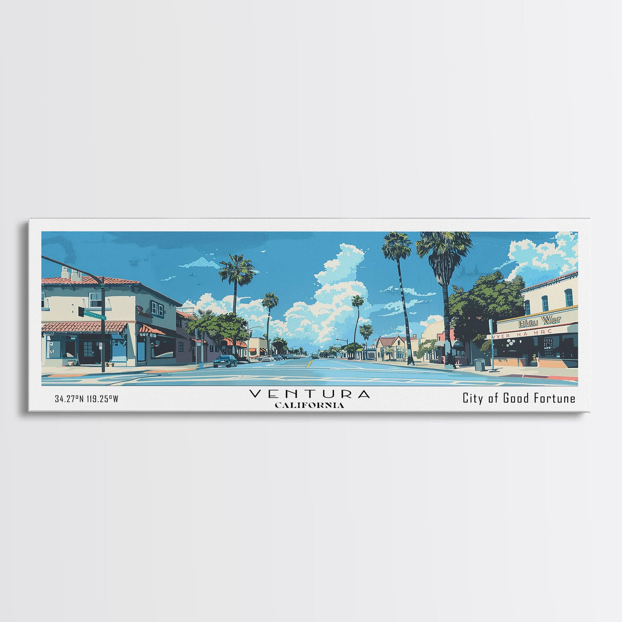 Ventura California Panoramic Painting, Mid Century Modern Framed Canvas Print, Retro Pop Art Travel Poster, City Print, Office Wall Art