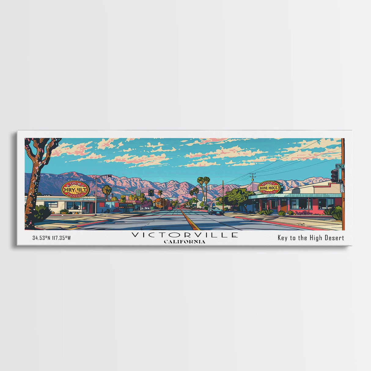 Victorville California Panoramic Wall Art, Mid Century Modern Framed Canvas Print, Retro Pop Art Travel Poster, City Art, Home Decoration