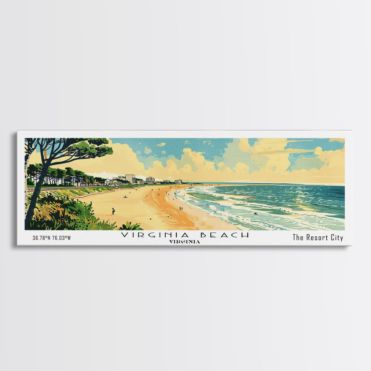 Virginia Beach Virginia Panoramic Painting, Mid Century Modern Framed Canvas Print, Retro Pop Art Travel Poster, Office Wall Art, Home Decoration