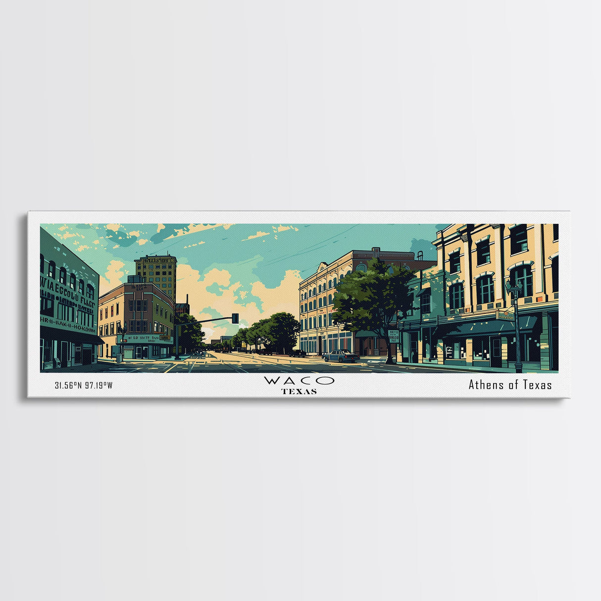 Waco Texas Panoramic Wall Art, Mid Century Modern Framed Canvas Print, Retro Pop Art Travel Poster, City Print, Living Room Decor