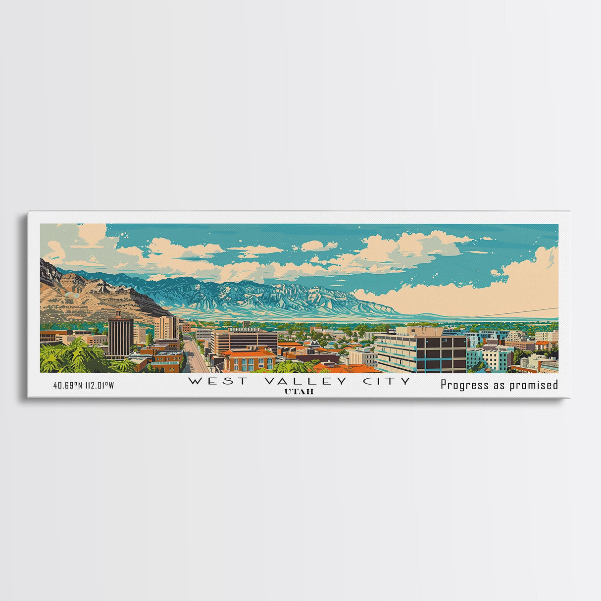 West Valley City Utah Panoramic Painting, Mid Century Modern Framed Canvas Print, Retro Pop Art Travel Poster, Office Wall Art, Home Decoration