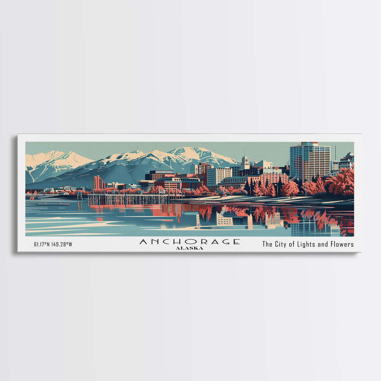 Anchorage Alabama Panoramic Painting, Framed Canvas Print, Mid Century Modern Wall Art, Retro Pop Art Travel Poster, Living Room Decor, City Art