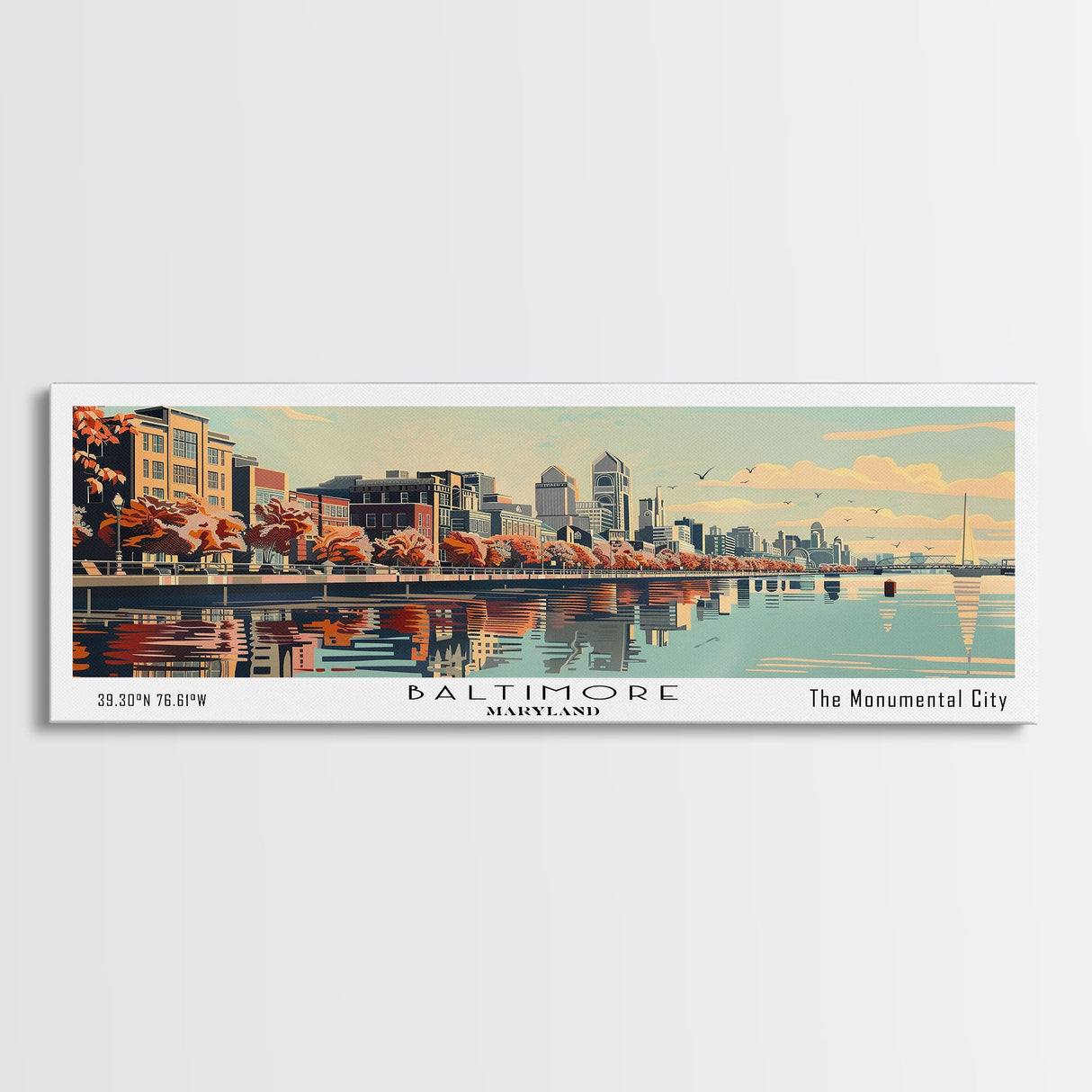 Baltimore Maryland Panoramic Painting, Framed Canvas Print, Mid Century Modern Wall Art, Retro Pop Art Travel Poster, Office Decor, City Art