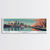 Baltimore Maryland Panoramic Painting, Framed Canvas Print, Mid Century Modern Wall Art, Retro Pop Art Travel Poster, Home Decor, City Art