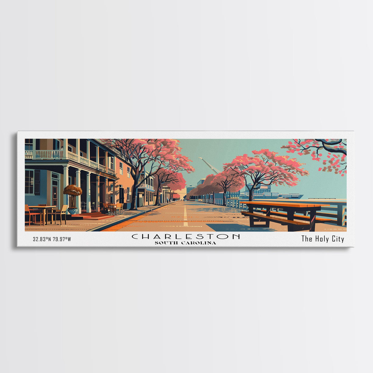 Charleston South Carolina Panoramic Painting, Framed Canvas Print, Mid Century Modern Wall Art, Retro Pop Art Travel Poster, Home Decor, City Art