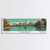 Charlotte North Carolina Panoramic Painting, Framed Canvas Print, Mid Century Modern Wall Art, Retro Pop Art Travel Poster, Living Room Decor, City Art