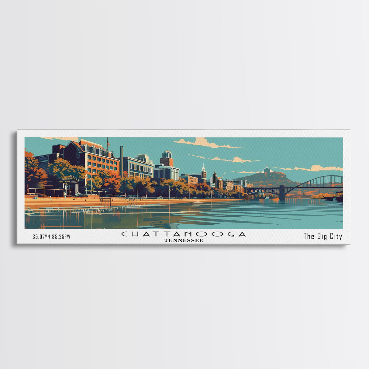 Chattanooga Tennessee Panoramic Painting, Framed Canvas Print, Mid Century Modern Wall Art, Retro Pop Art Travel Poster, Home Decor, City Art