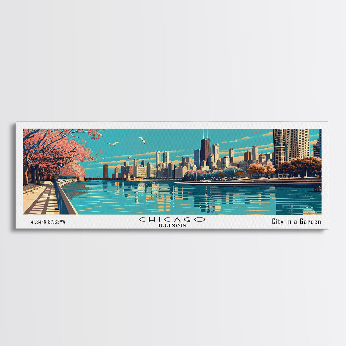 Chicago Illinois Panoramic Painting, Framed Canvas Print, Mid Century Modern Wall Art, Retro Pop Art Travel Poster, Office Decor, City Art