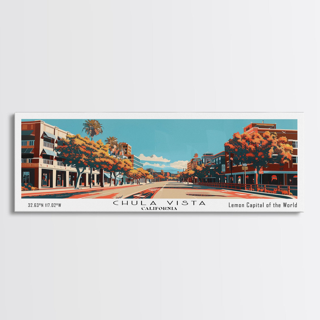 Chula Vista California Panoramic Painting, Framed Canvas Print, Mid Century Modern Wall Art, Retro Pop Art Travel Poster, Home Decor, City Art