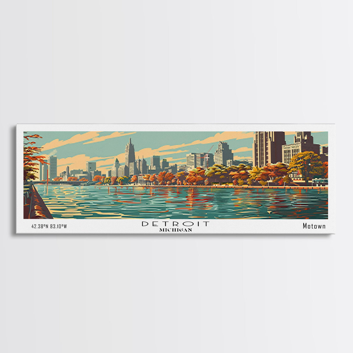 Detroit Michigan Panoramic Painting, Framed Canvas Print, Mid Century Modern Wall Art, Retro Pop Art Travel Poster, Office Decor, City Art