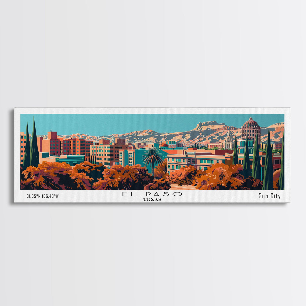 El Paso Texas Panoramic Painting, Framed Canvas Print, Mid Century Modern Wall Art, Retro Pop Art Travel Poster, Home Decor, City Art