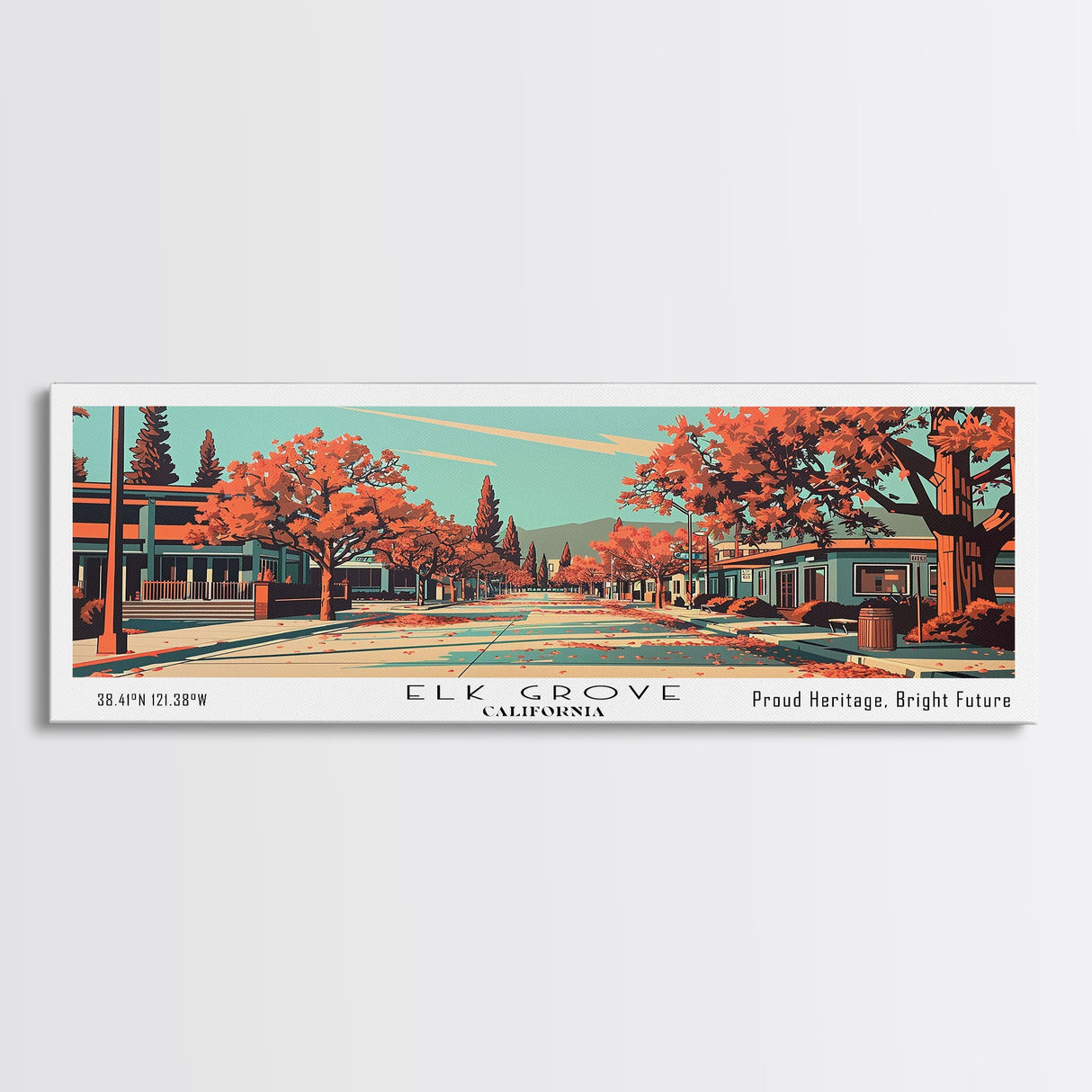 Elk Grove California Panoramic Painting, Framed Canvas Print, Mid Century Modern Wall Art, Retro Pop Art Travel Poster, Office Decor, City Art