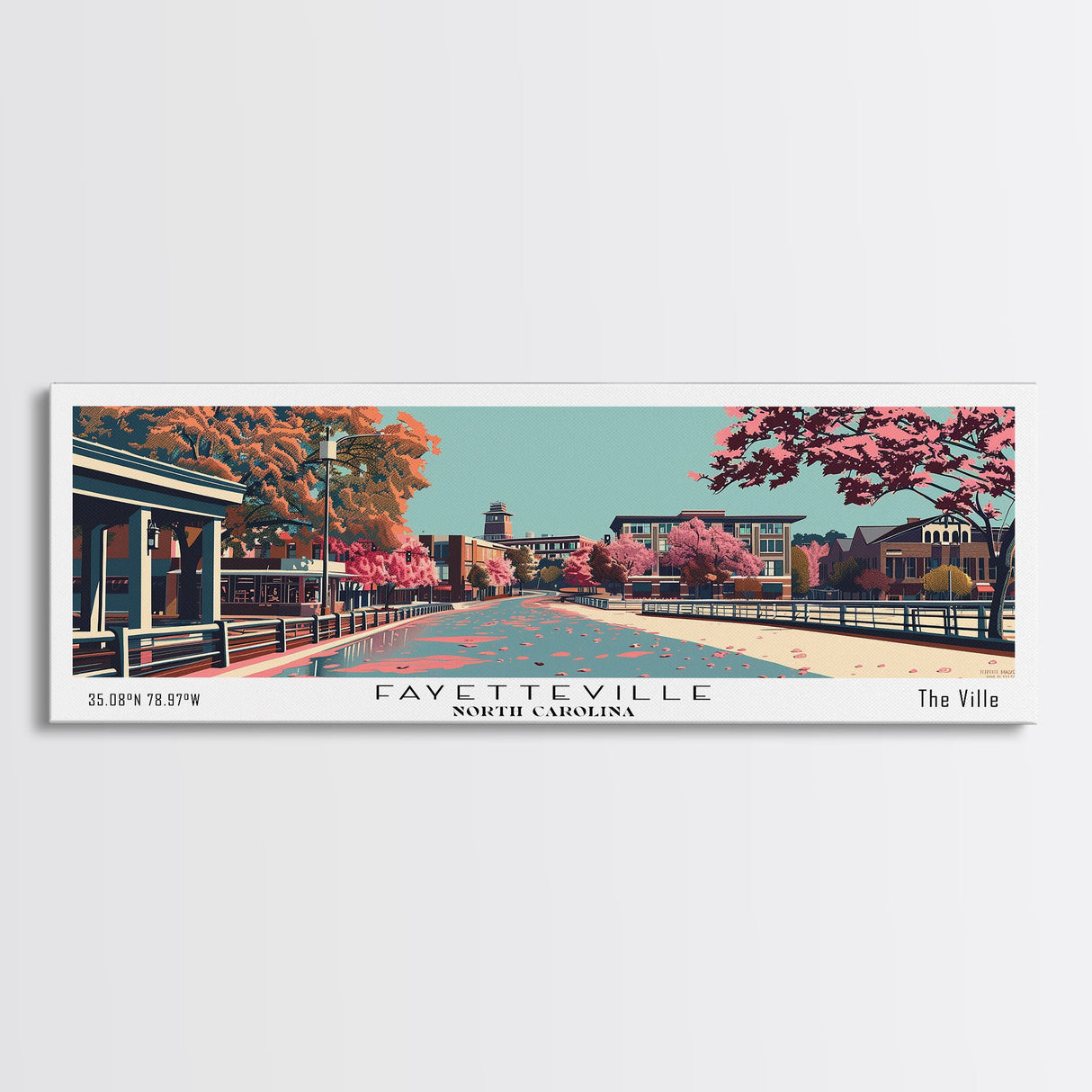 Fayetteville North Carolina Panoramic Painting, Framed Canvas Print, Mid Century Modern Wall Art, Retro Pop Art Travel Poster, Home Decor, City Art