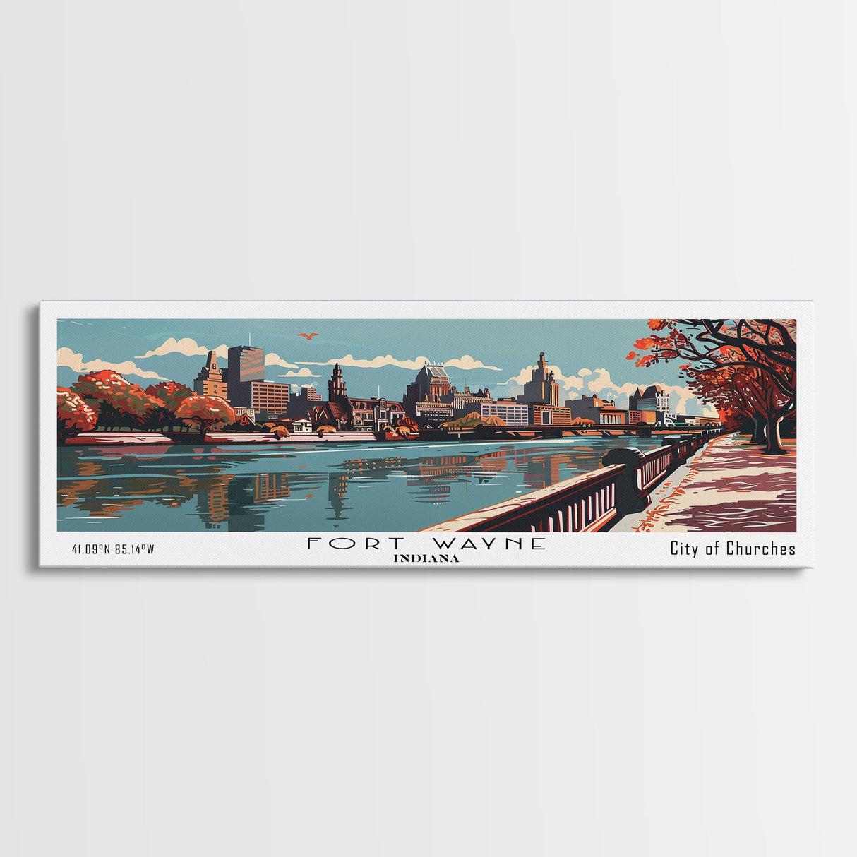 Fort Wayne Indiana Panoramic Painting, Framed Canvas Print, Mid Century Modern Wall Art, Retro Pop Art Travel Poster, Office Decor, City Art