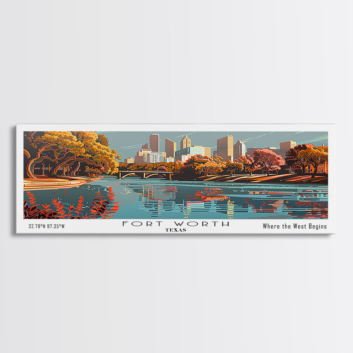 Fort Worth Texas Panoramic Painting, Framed Canvas Print, Mid Century Modern Wall Art, Retro Pop Art Travel Poster, Home Decor, City Art