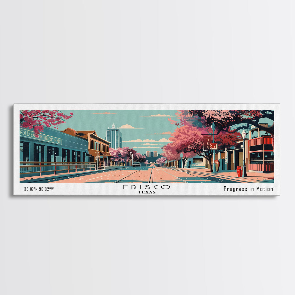 Frisco Texas Panoramic Painting, Framed Canvas Print, Mid Century Modern Wall Art, Retro Pop Art Travel Poster, Office Decor, City Art