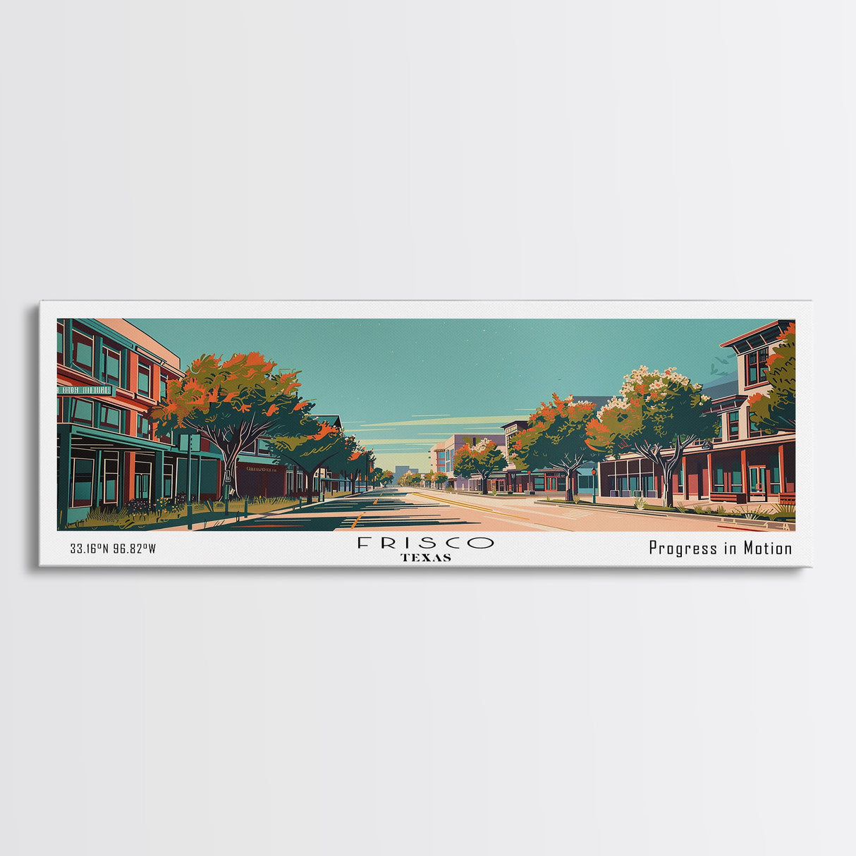 Frisco Texas Panoramic Painting, Framed Canvas Print, Mid Century Modern Wall Art, Retro Pop Art Travel Poster, Home Decor, City Art