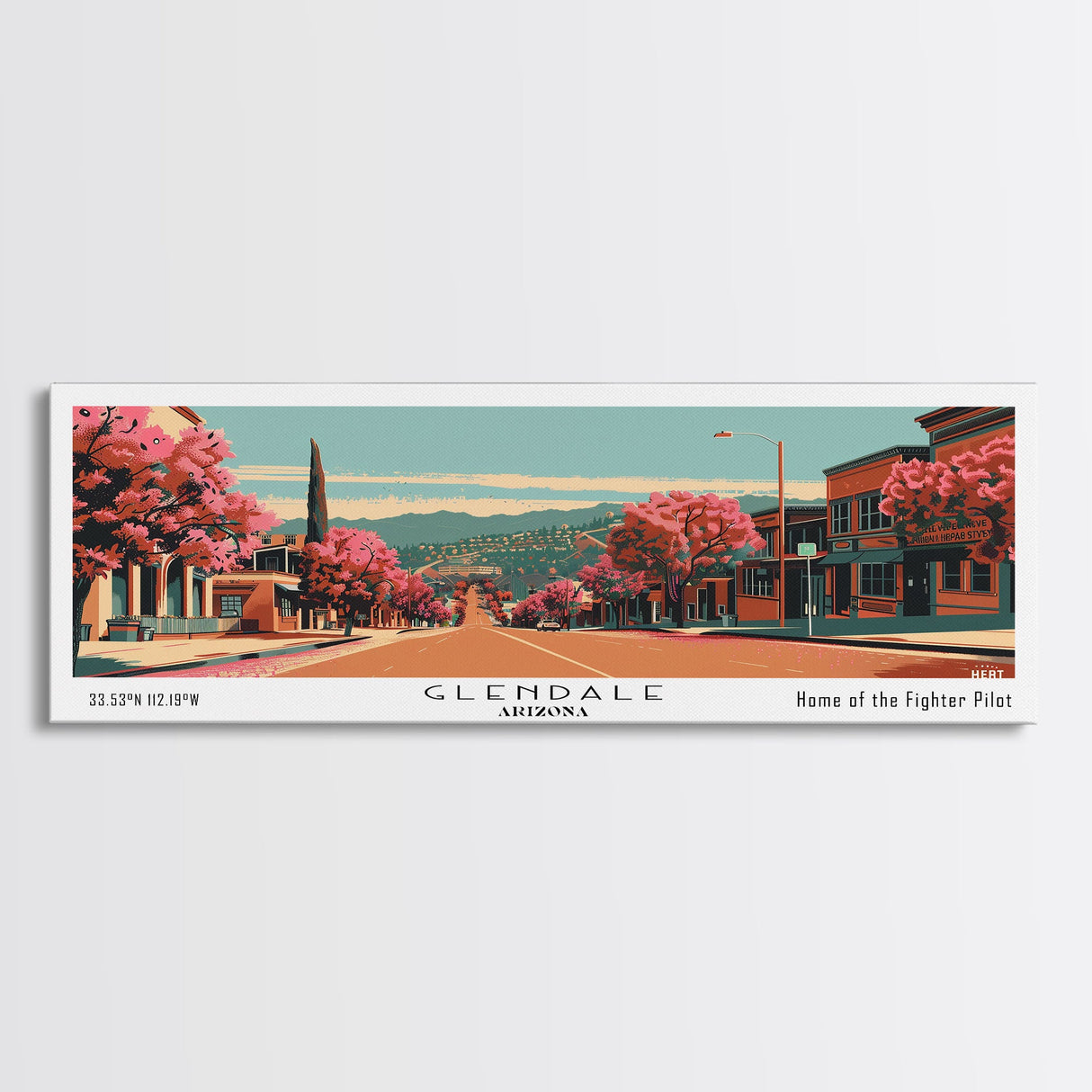 Glendale Arizona Panoramic Wall Art, Framed Canvas Print, Mid Century Modern Style, Retro Pop Art Travel Poster, Living Room Art, Home Decor, Cityscape