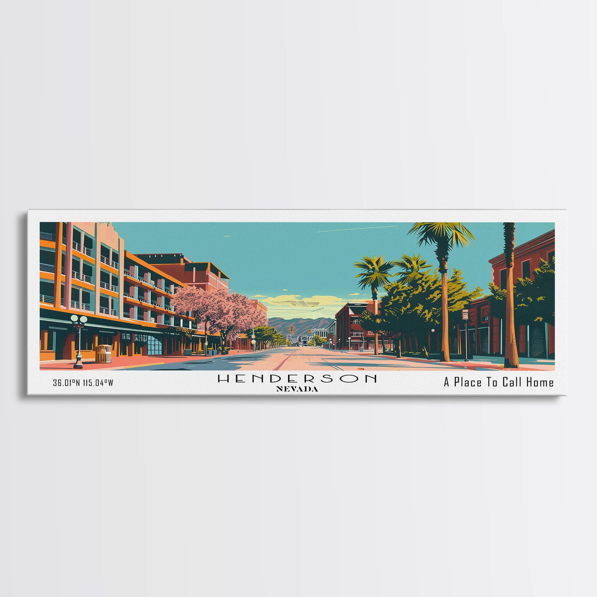 Henderson Nevada Panoramic Painting, Mid Century Modern Framed Canvas Print, City Art, Retro Pop Art Travel Poster, Living Room Decor, Home Office Art, Cityscape