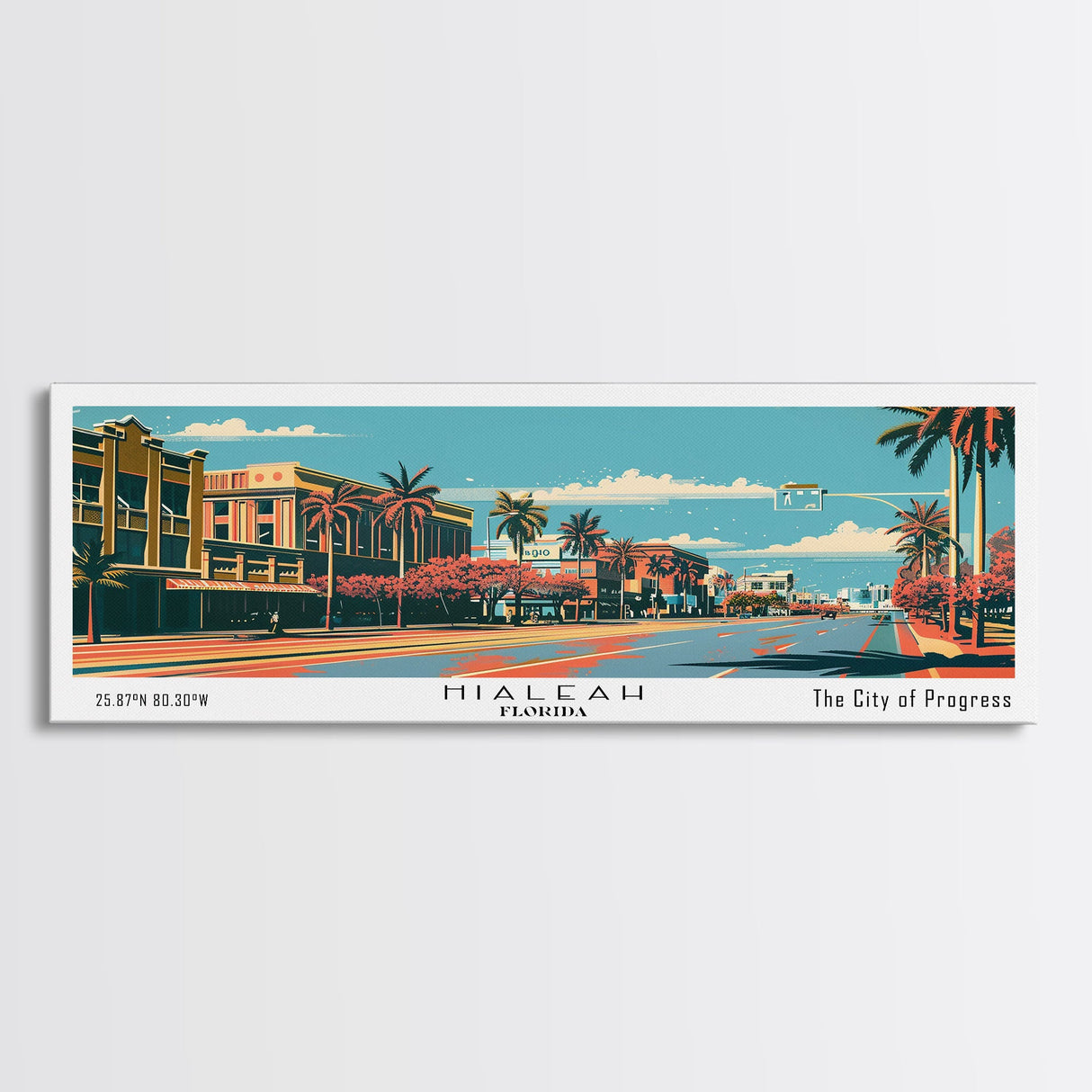 Hialeah Florida Panoramic Wall Art, Framed Canvas Print, Mid Century Modern Style, Retro Pop Art Travel Poster, Living Room Art, Cityscape Decor, Office Wall Art