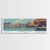 Honolulu Hawaii Panoramic Painting, Mid Century Modern Framed Canvas Print, Retro Pop Art Travel Poster, Cityscape Wall Art, Home Decor, Living Room Art, Office Wall Art