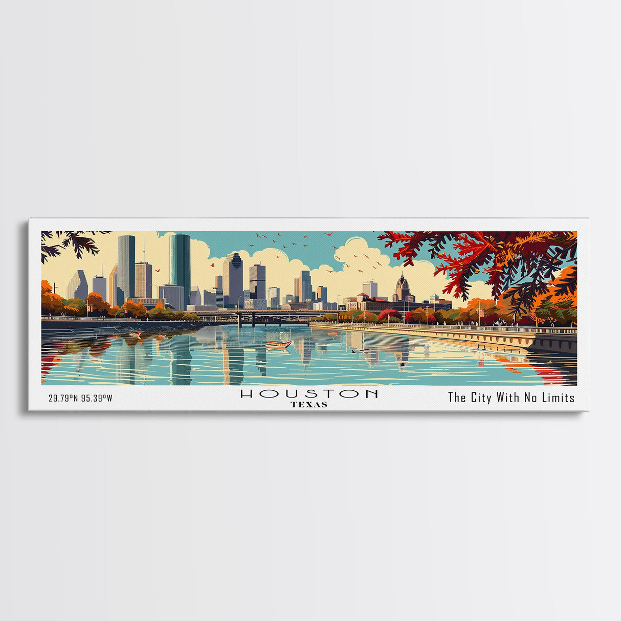 Houston Texas Panoramic Wall Art, Mid Century Modern Framed Canvas Print, Retro Pop Art Travel Poster, Living Room Decor, Cityscape Art, Home Office Decor