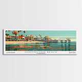 Huntington Beach California Panoramic Painting, Framed Canvas Print, Mid Century Modern Wall Art, Retro Pop Art Travel Poster, Cityscape Decor, Office Wall Art, Home Decor