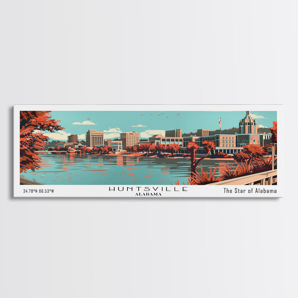 Huntsville Alabama Panoramic Painting, Mid Century Modern Framed Canvas Print, City Art, Retro Pop Art Travel Poster, Living Room Decor, Office Art, Cityscape Wall Art