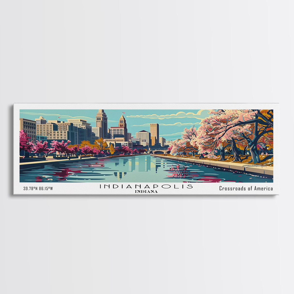 Indianapolis Indiana Panoramic Painting, Framed Canvas Print, Mid Century Modern Wall Art, Retro Pop Art Travel Poster, Cityscape Decor, Living Room Art, Office Wall Art