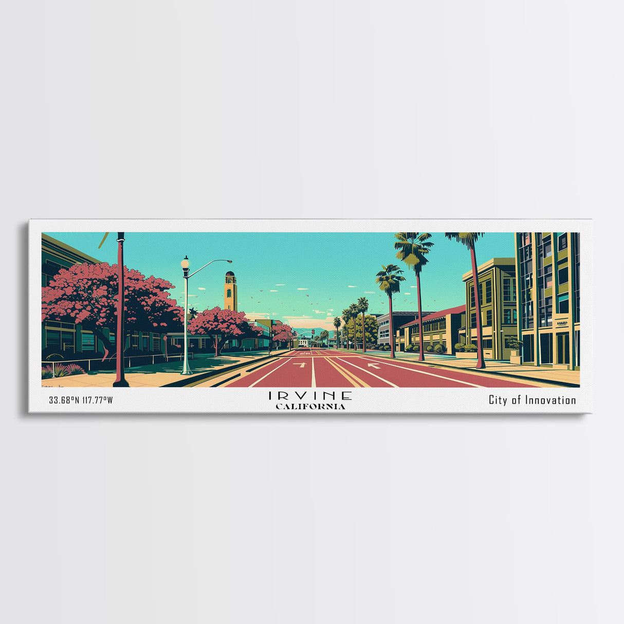 Irvine California Panoramic Wall Art, Mid Century Modern Framed Canvas Print, Retro Pop Art Travel Poster, Cityscape Decor, Living Room Art, Office Wall Art, Home Decor