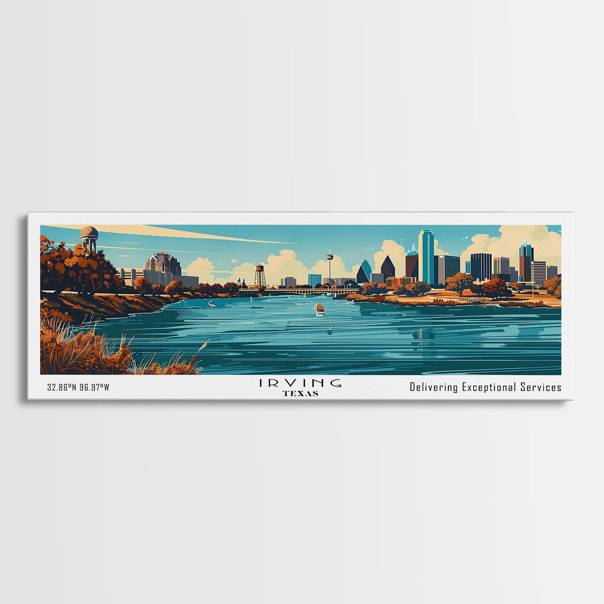 Irving Texas Panoramic Painting, Mid Century Modern Framed Canvas Print, City Art, Retro Pop Art Travel Poster, Living Room Decor, Office Art, Cityscape Wall Art