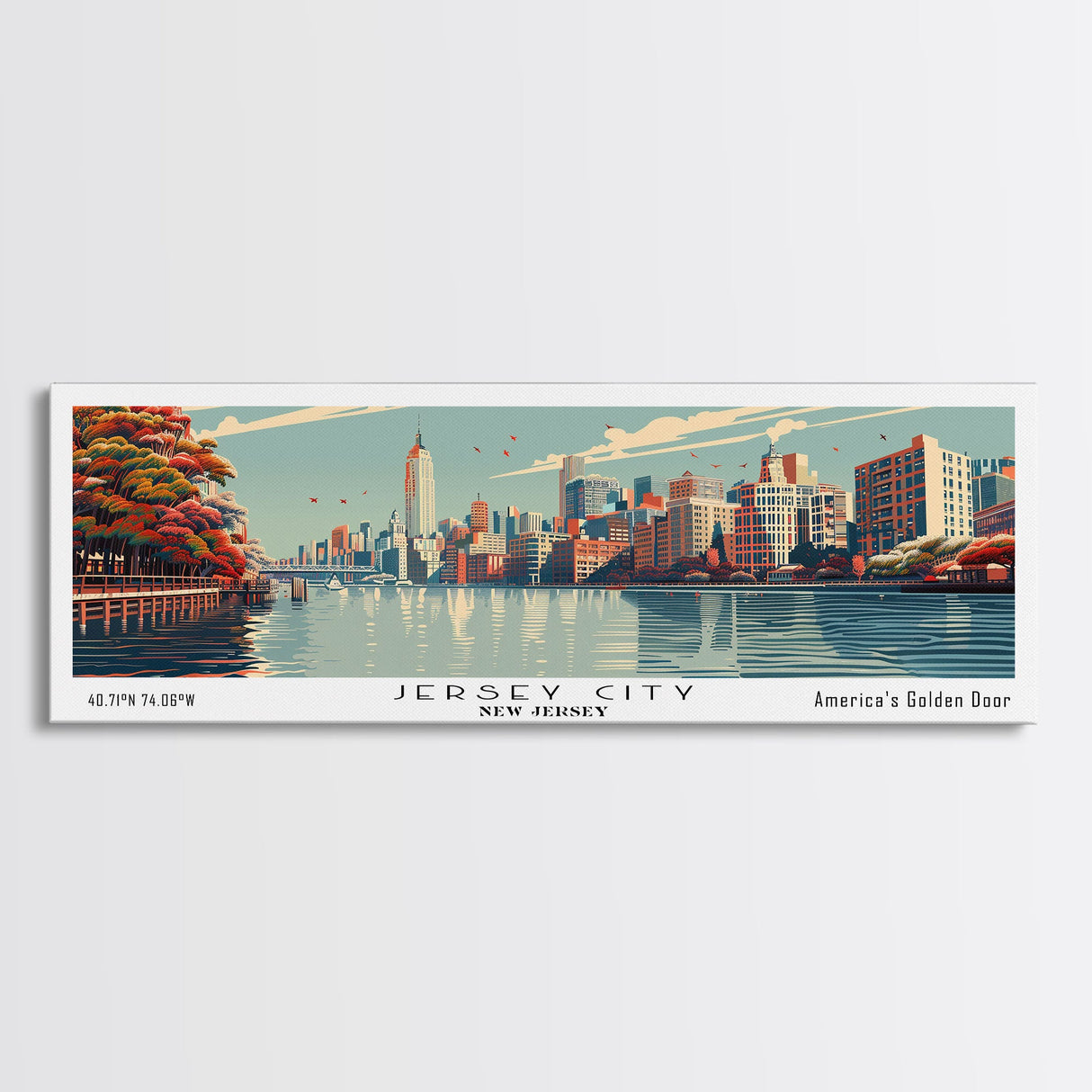 Jersey City New Jersey Panoramic Painting, Framed Canvas Print, Mid Century Modern Wall Art, Retro Pop Art Travel Poster, Cityscape Decor, Office Wall Art, Home Decor