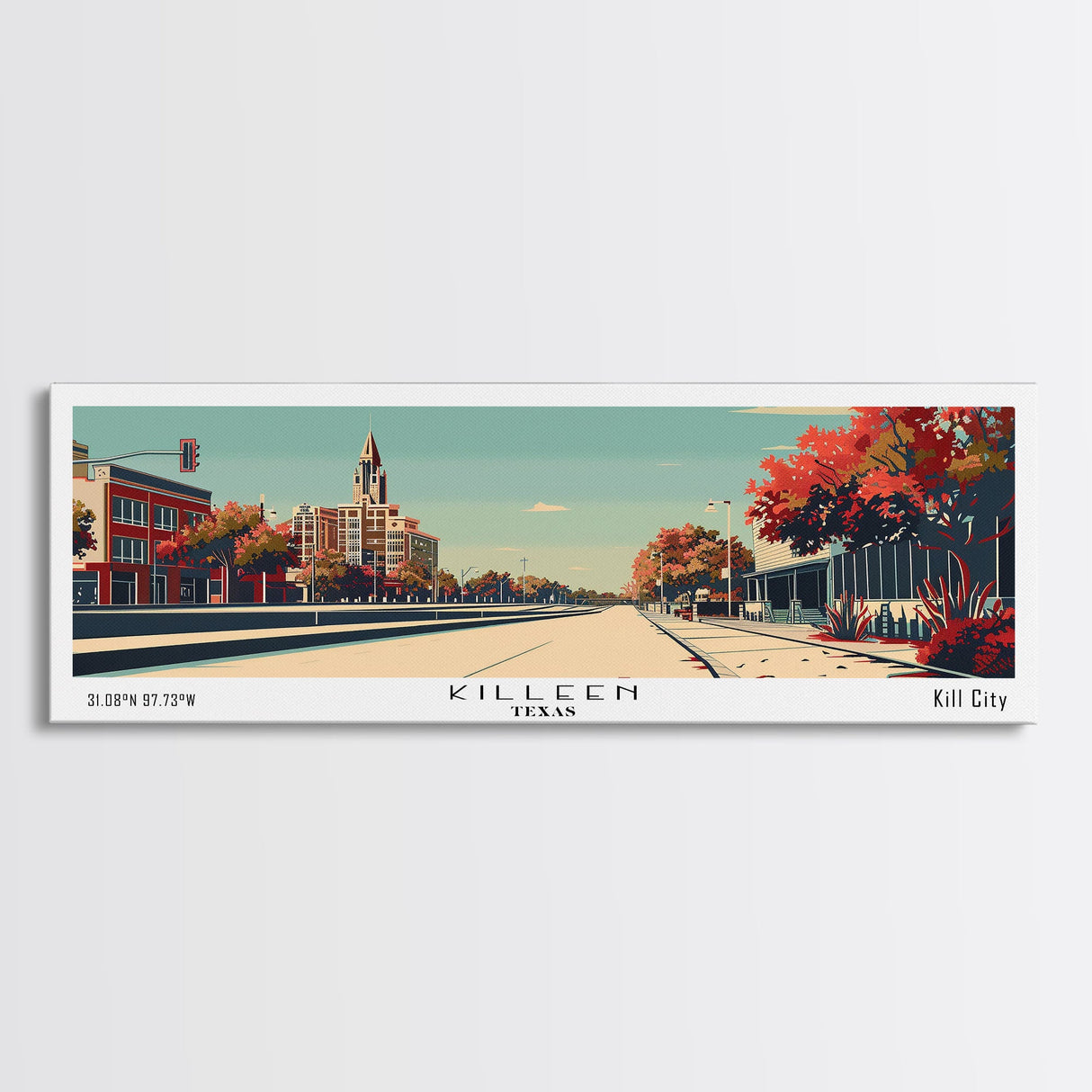 Killeen Texas Panoramic Painting, Mid Century Modern Framed Canvas Print, City Art, Retro Pop Art Travel Poster, Living Room Decor, Office Art, Cityscape Wall Art