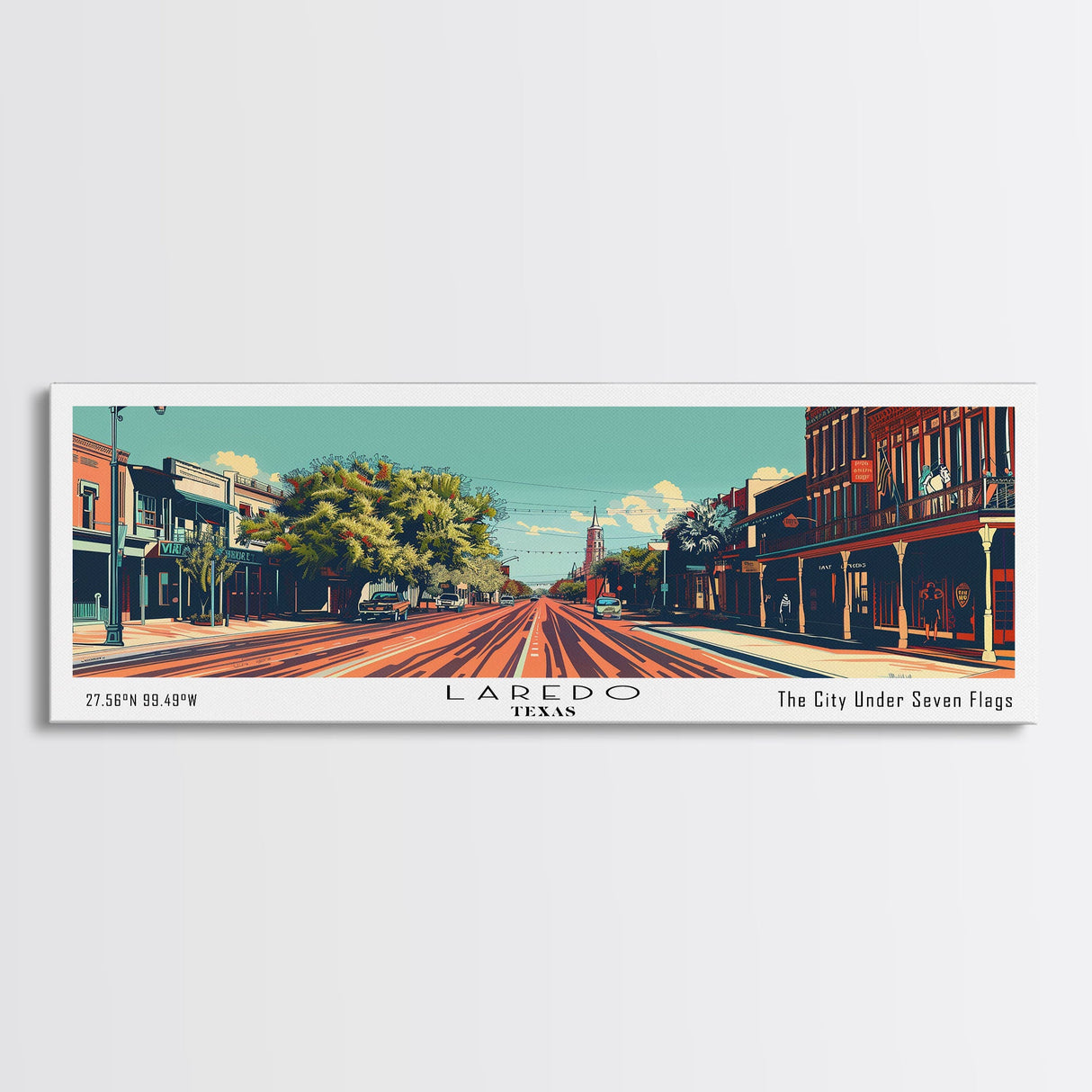 Laredo Texas Panoramic Wall Art, Mid Century Modern Framed Canvas Print, Retro Pop Art Travel Poster, Living Room Decor, Cityscape Art, Home Office Decor