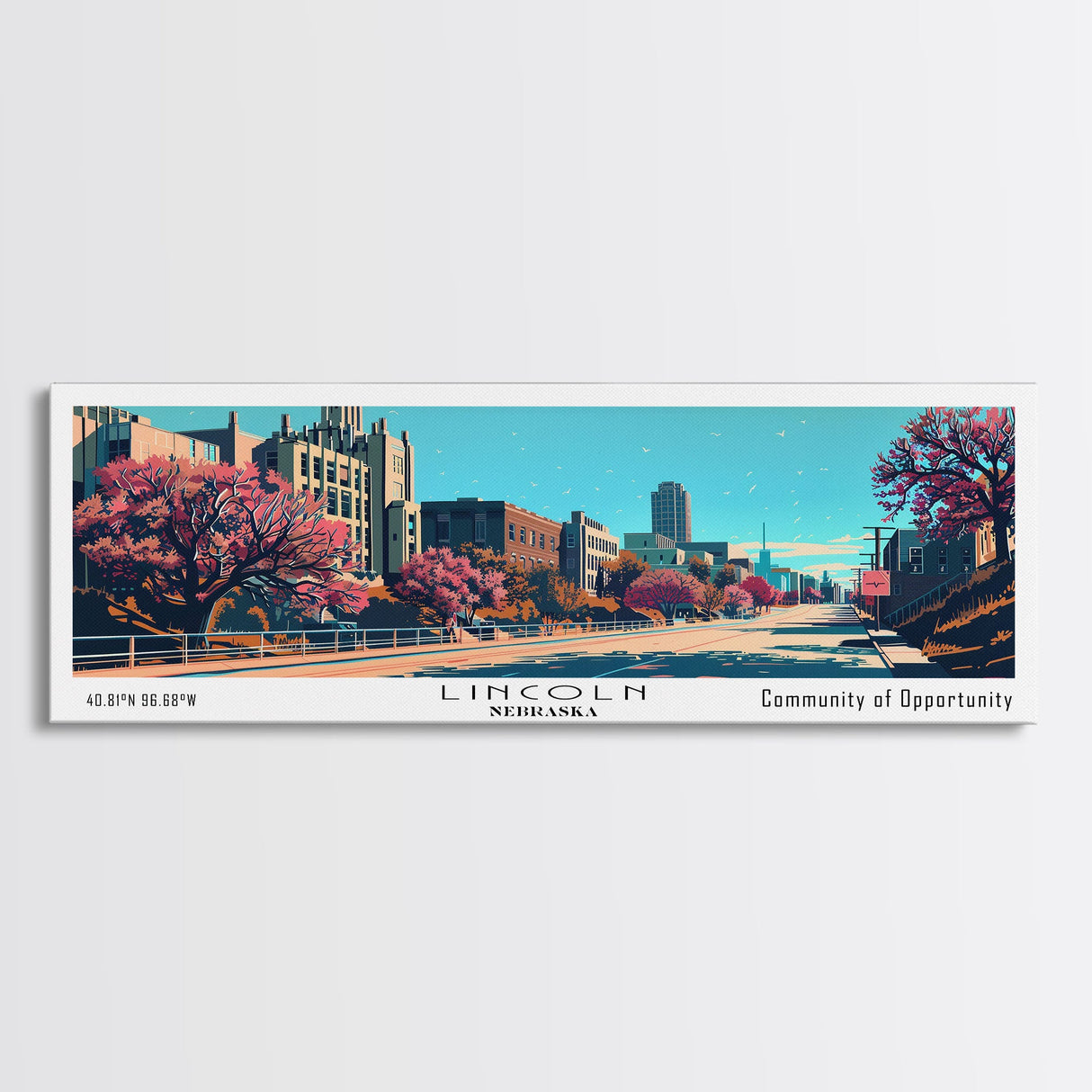 Lincoln Nebraska Panoramic Wall Art, Mid Century Modern Framed Canvas Print, Retro Pop Art Travel Poster, Office Decor, Gift Idea