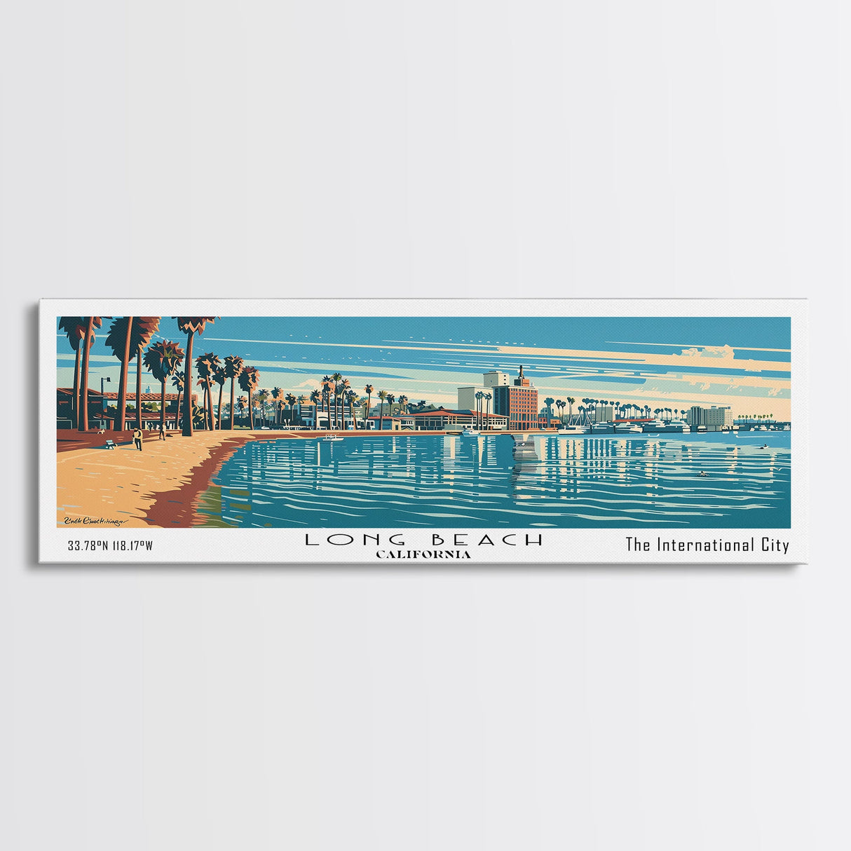 Long Beach California Panoramic Wall Art, Mid Century Modern Framed Canvas Print, Retro Pop Art Travel Poster, Living Room, Gift Idea