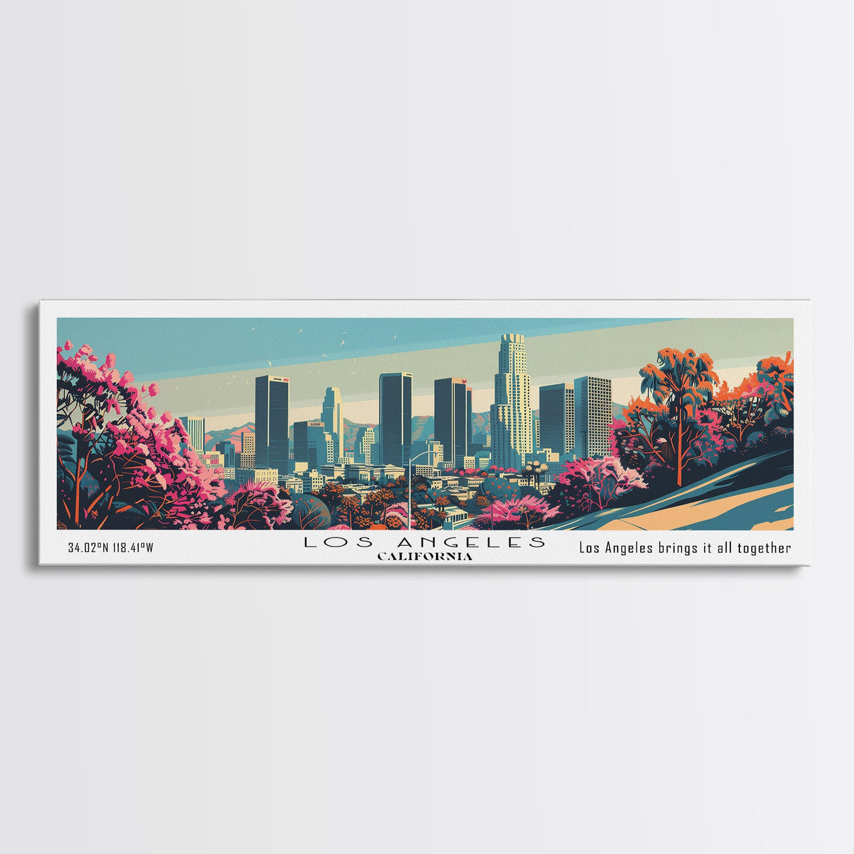 Los Angeles California Mid Century Modern Framed Canvas Print, Retro Pop Art Travel Poster, Home Decor, City Art, Panoramic Painting