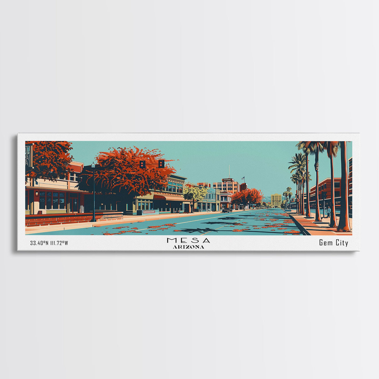 Mesa Arizona Panoramic Painting, Mid Century Modern Framed Canvas Print, Retro Pop Art Travel Poster, Living Room Decor, Gift Idea