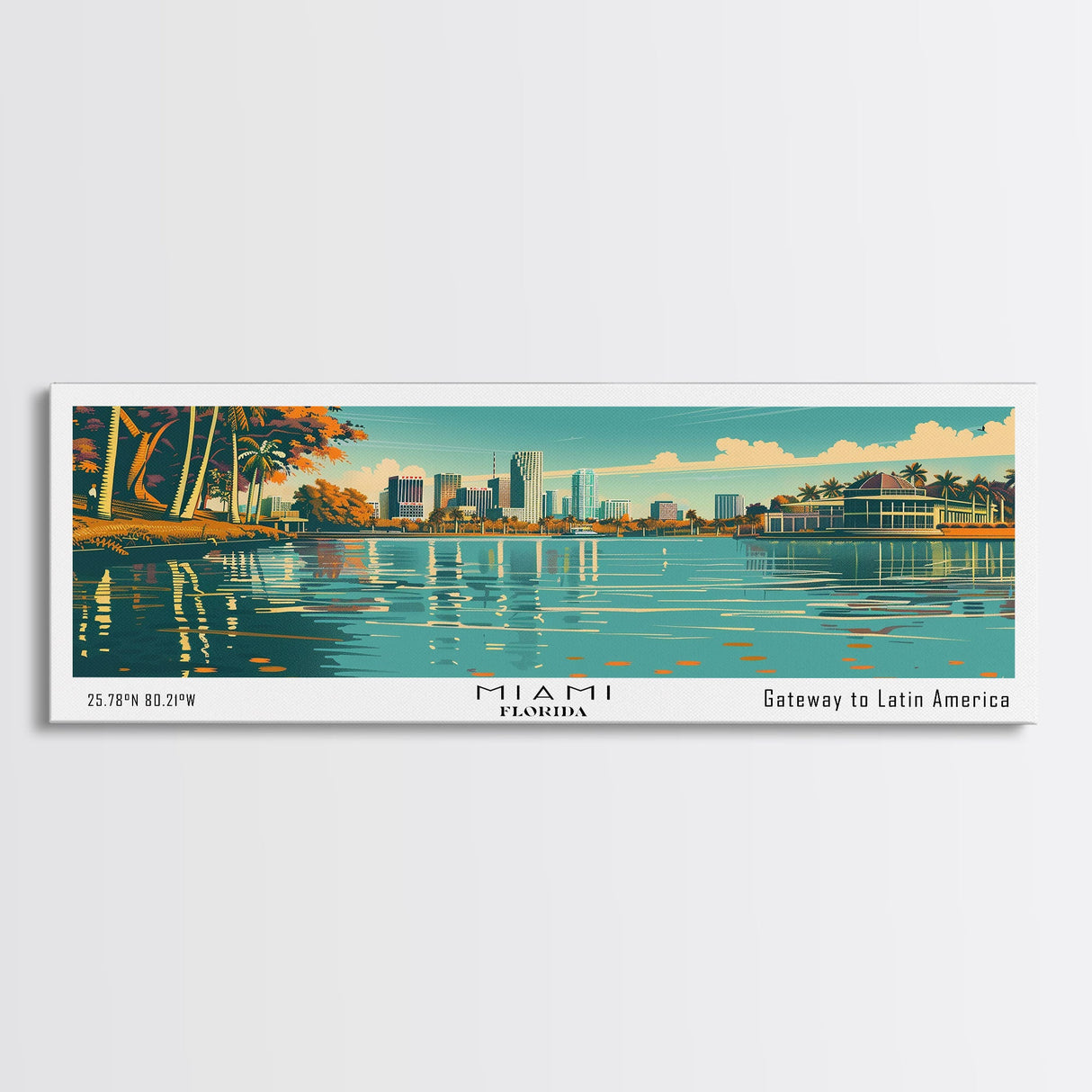 Miami Florida Panoramic View, Mid Century Modern Framed Canvas Print, Retro Pop Art Travel Poster, Home Decor, City Art