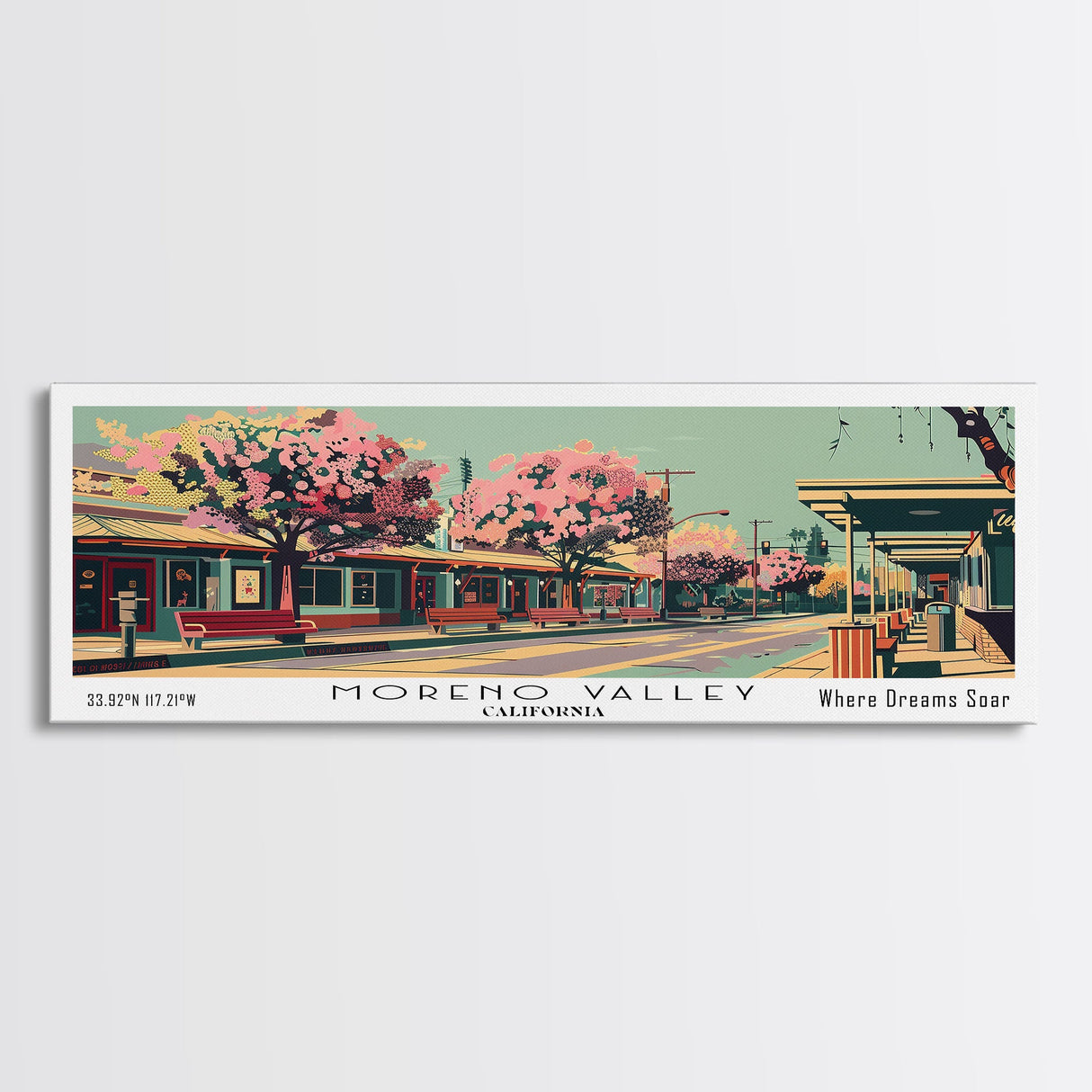 Moreno Valley California Panoramic View, Mid Century Modern Framed Canvas Print, Retro Pop Art Travel Poster, Office Decor, Gift Idea