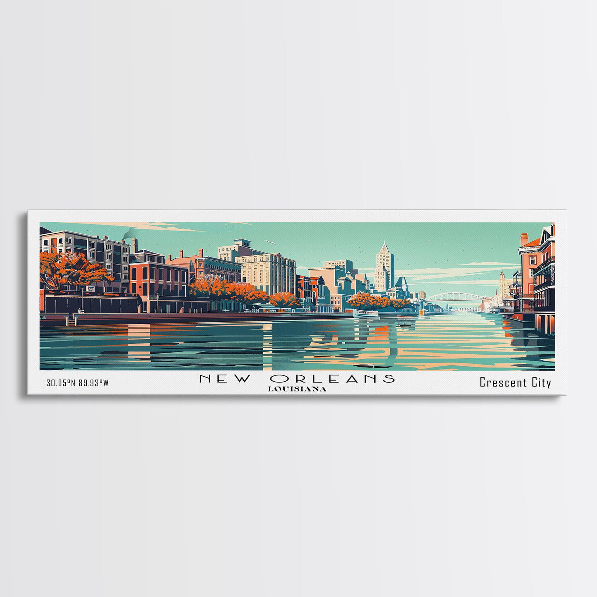 New Orleans Louisiana Panoramic Painting, Mid Century Modern Framed Canvas Print, Retro Pop Art Travel Poster, Home Decor, Living Room Art