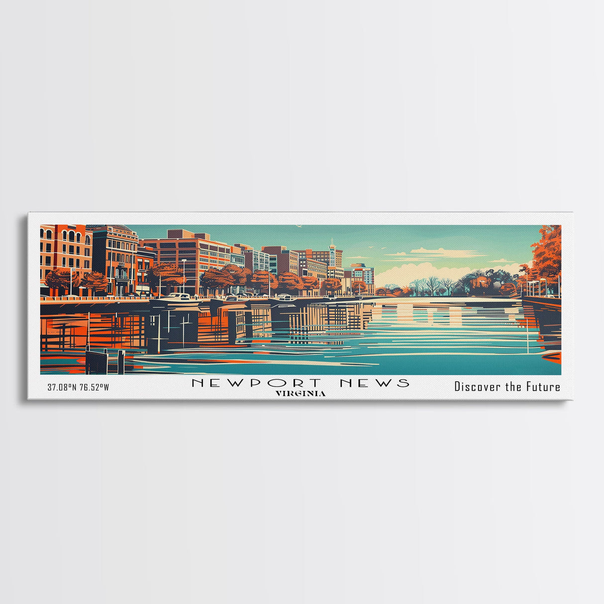 Newport News Virginia Panoramic Wall Art, Mid Century Modern Framed Canvas Print, Retro Pop Art Travel Poster, Office Decor, Cityscape Art