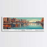 Newport News Virginia Panoramic Wall Art, Mid Century Modern Framed Canvas Print, Retro Pop Art Travel Poster, Office Decor, Cityscape Art